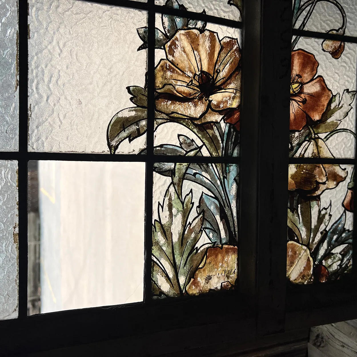 Tall Argentine Painted, Stained and Leaded Glass Steel Frame Arched Window