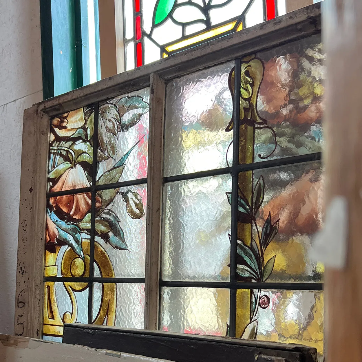 Tall Argentine Painted, Stained and Leaded Glass Steel Frame Arched Window