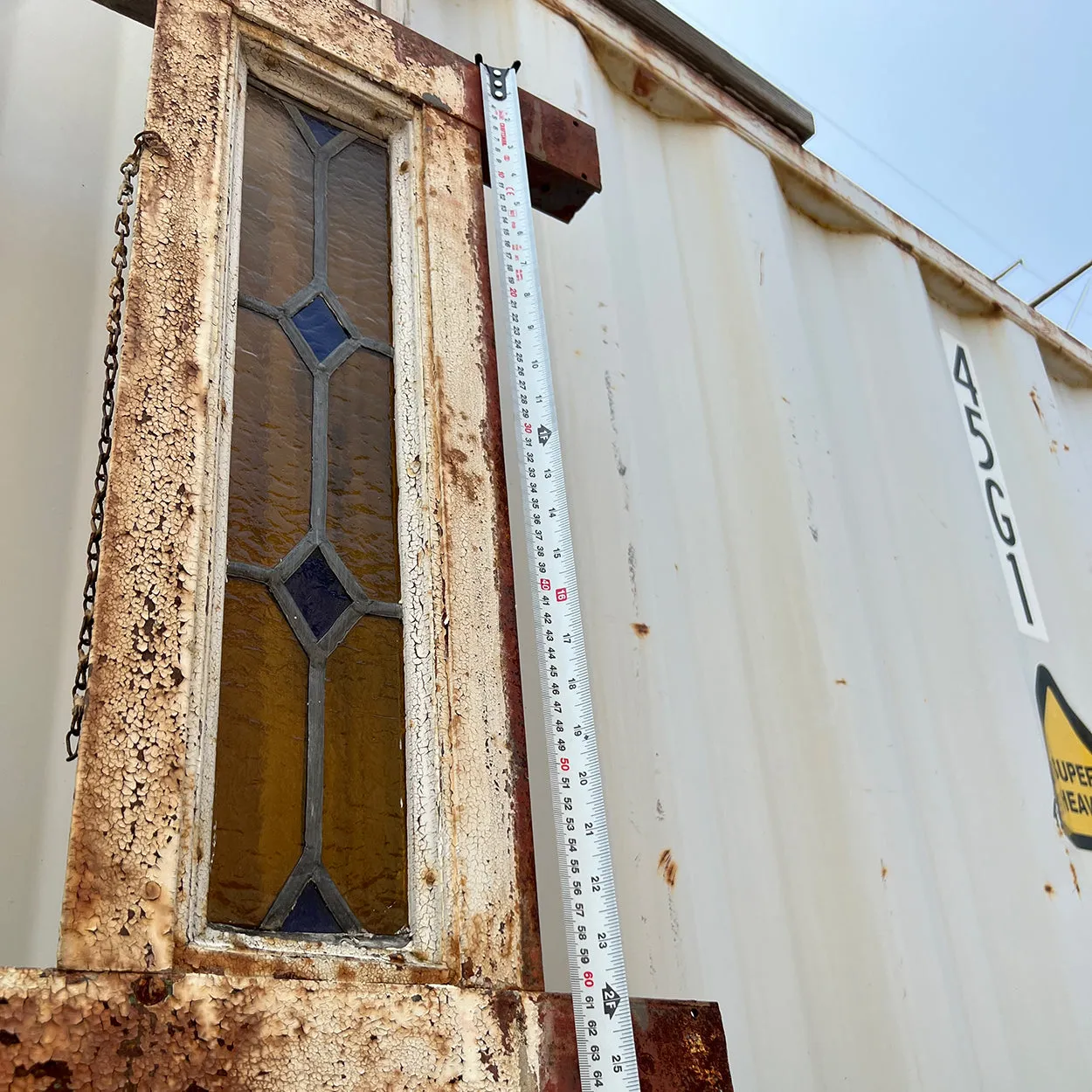 Tall Argentine Painted, Stained and Leaded Glass Steel Frame Arched Window