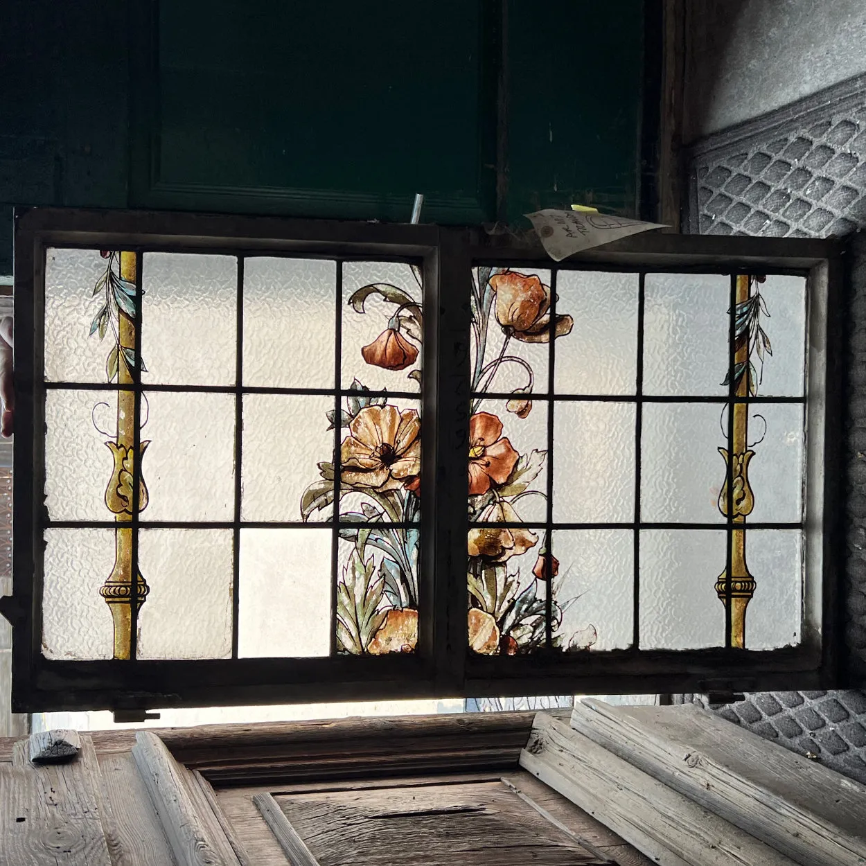 Tall Argentine Painted, Stained and Leaded Glass Steel Frame Arched Window
