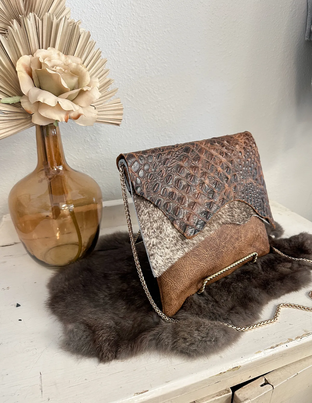 Tan Leather with Brindle Hide Clutch/Crossbody