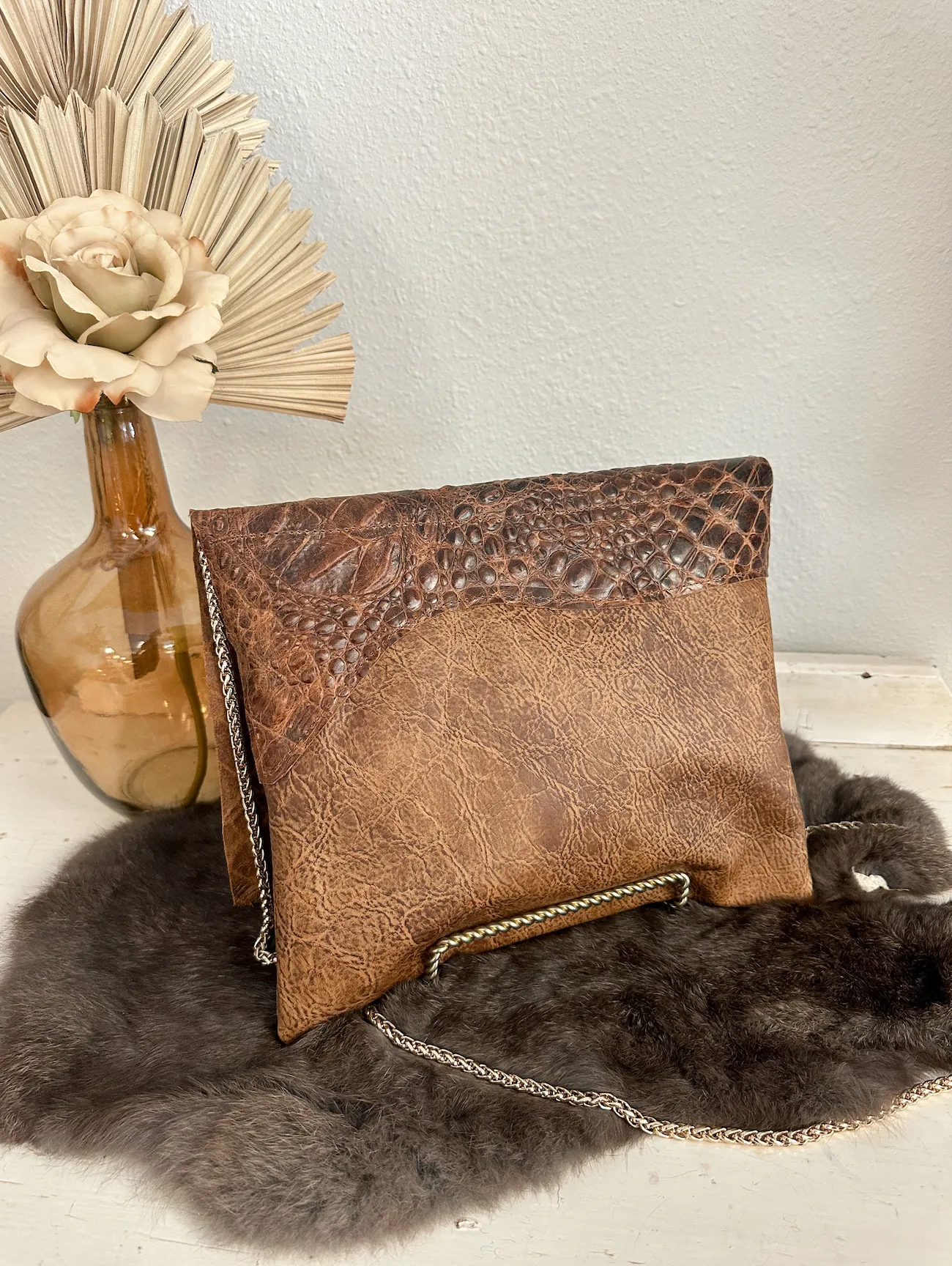 Tan Leather with Brindle Hide Clutch/Crossbody