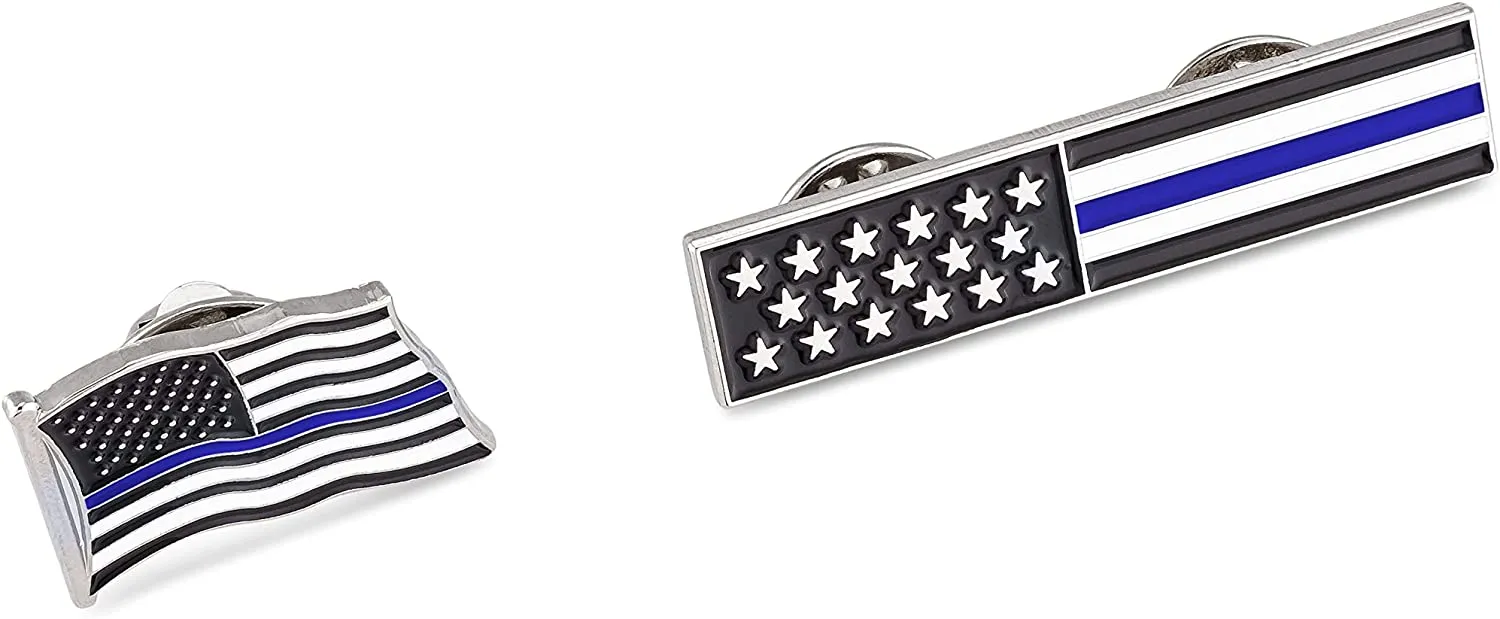 Thin Blue Line American Flag USA Lapel Pin Set - Waving Flag   Rectangle Bar