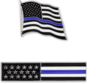 Thin Blue Line American Flag USA Lapel Pin Set - Waving Flag   Rectangle Bar