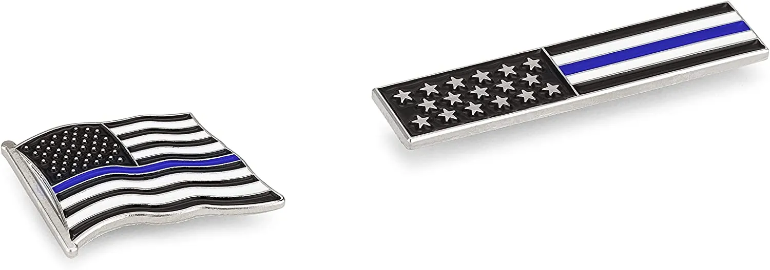 Thin Blue Line American Flag USA Lapel Pin Set - Waving Flag   Rectangle Bar