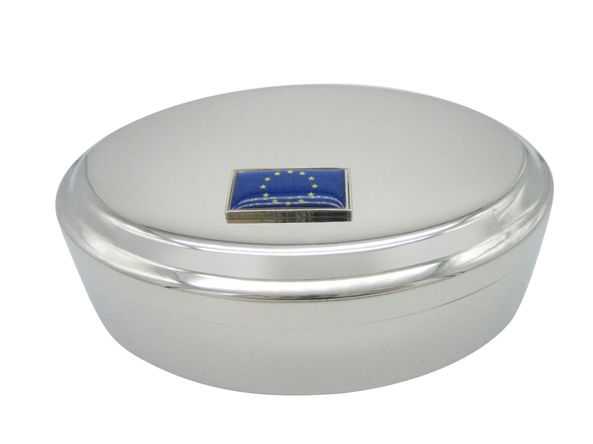 Thin Bordered European Union Flag Pendant Oval Trinket Jewelry Box
