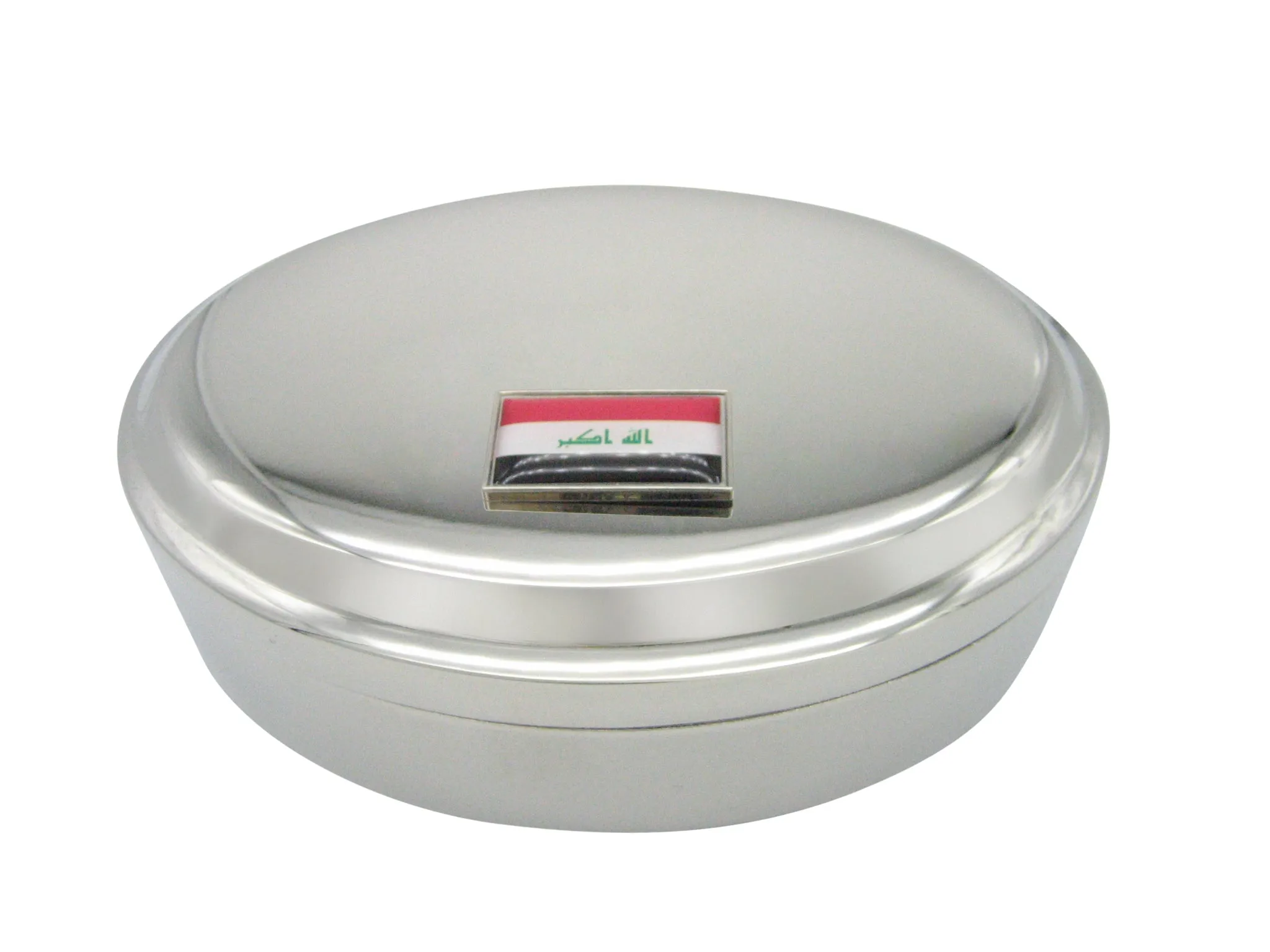 Thin Bordered Iraq Flag Pendant Oval Trinket Jewelry Box