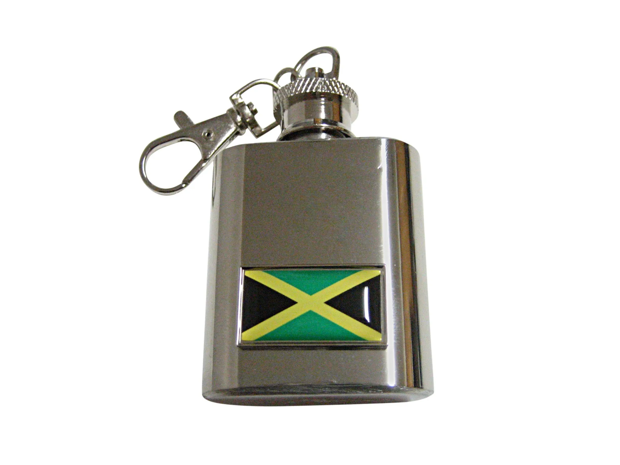 Thin Bordered Jamaica Flag Pendant 1 Oz. Stainless Steel Key Chain Flask