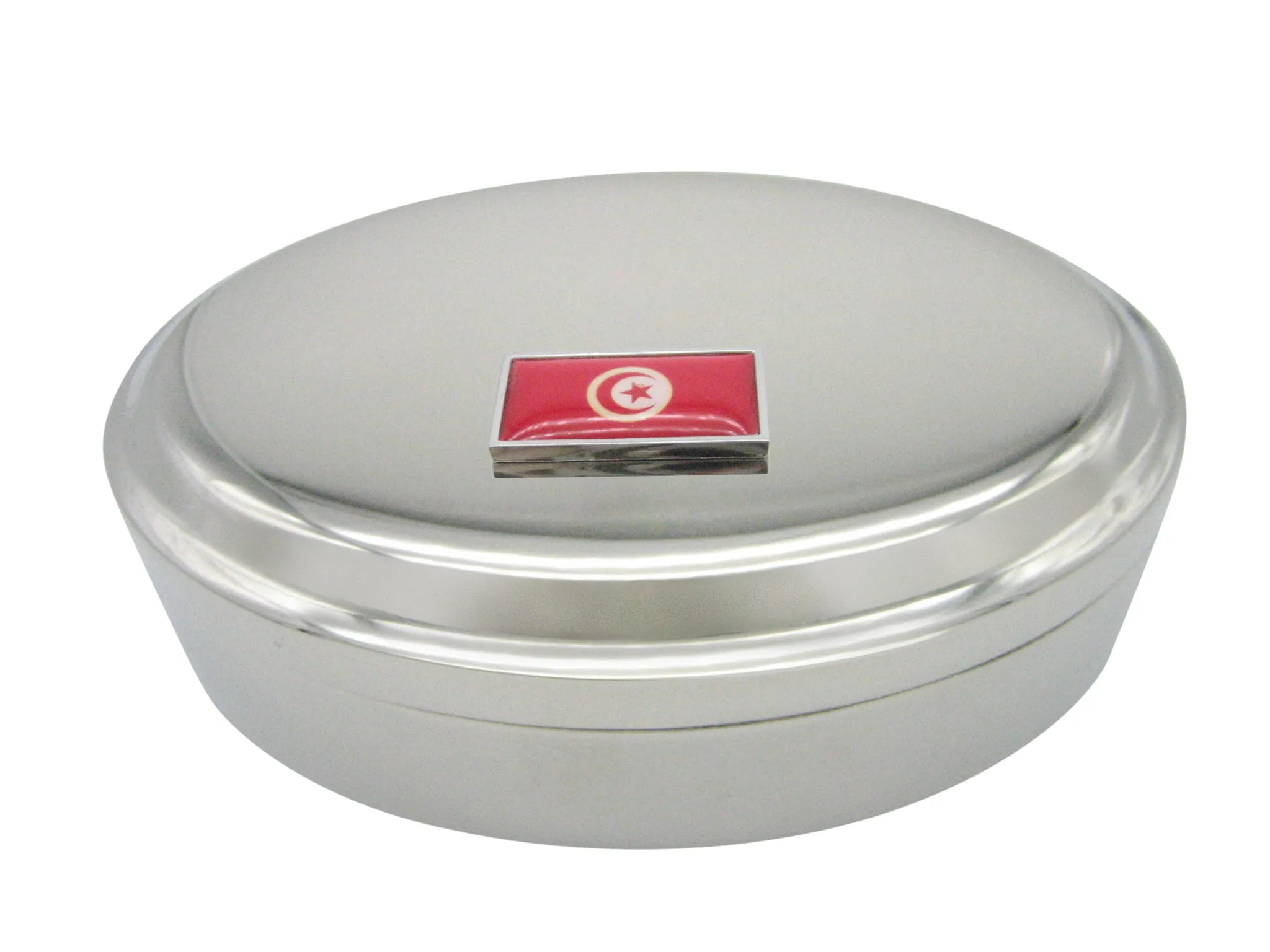 Thin Bordered Tunisia Flag Pendant Oval Trinket Jewelry Box