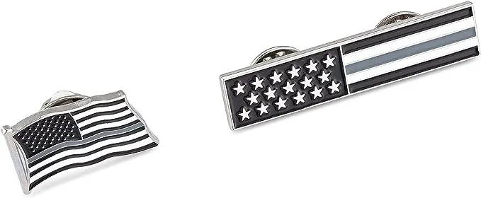 Thin Grey Line American Flag USA Lapel Pin Set - Waving Flag   Rectangle Bar