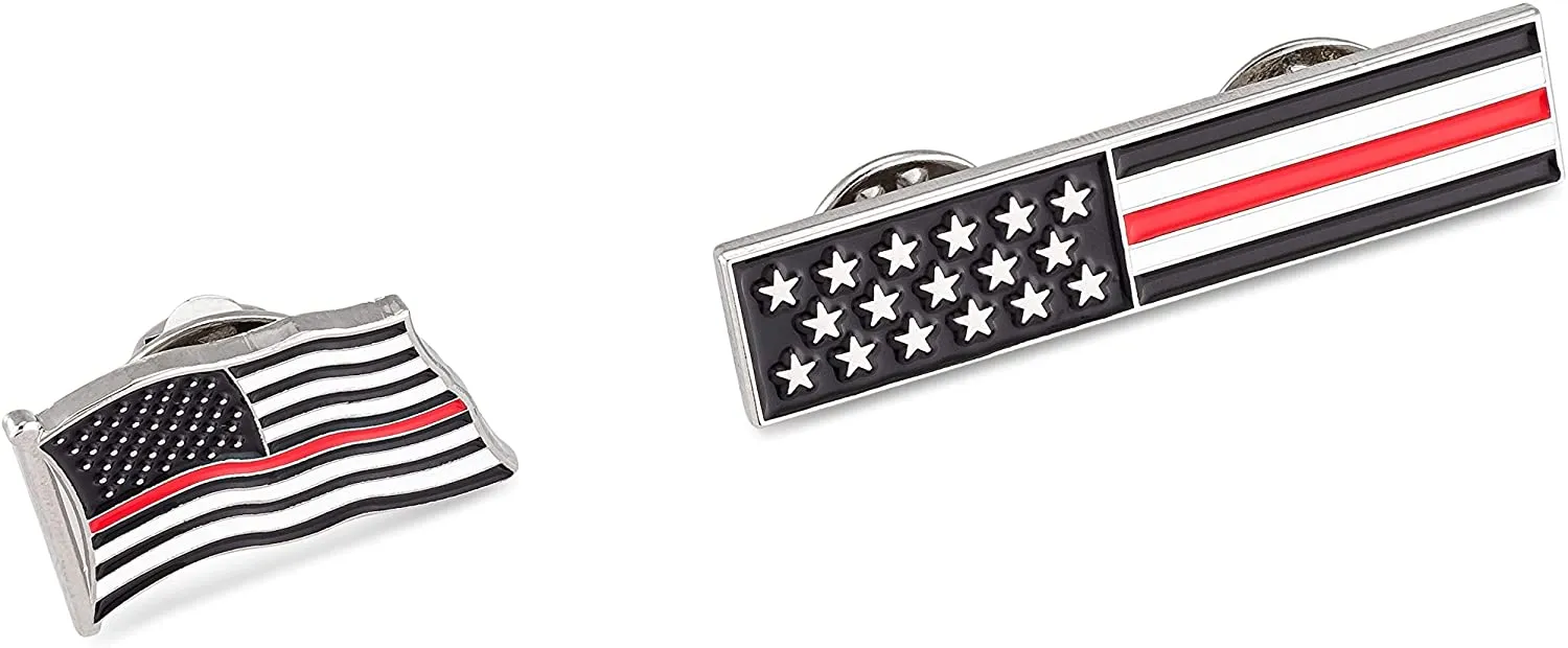 Thin Red Line American Flag USA Lapel Pin Set - Waving Flag   Rectangle Bar