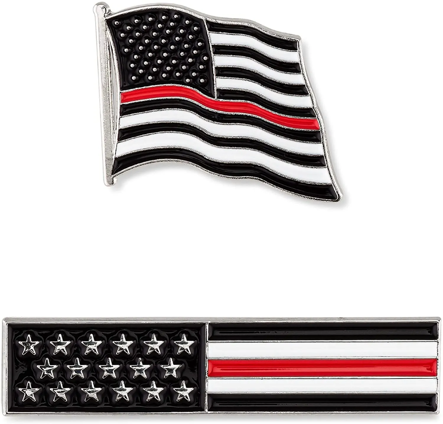 Thin Red Line American Flag USA Lapel Pin Set - Waving Flag   Rectangle Bar