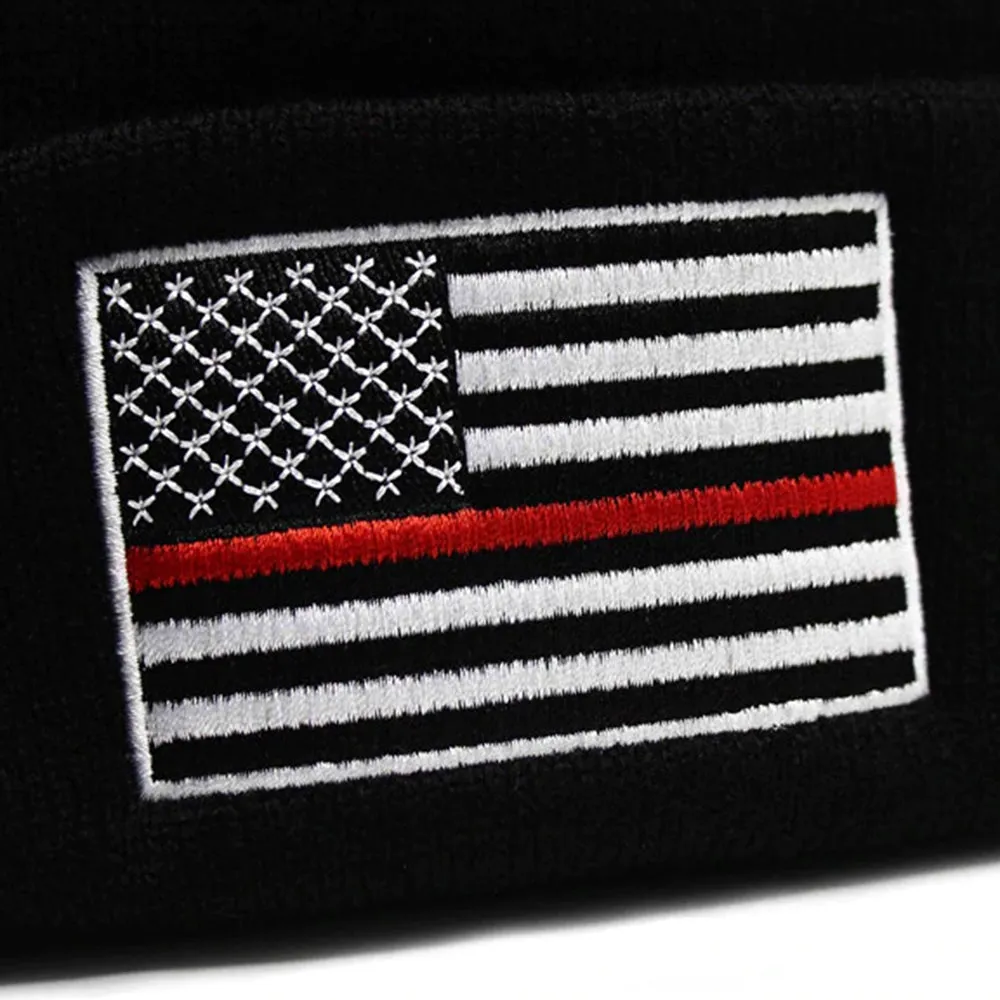 Thin Red Line Embroidered Cuffed Beanie