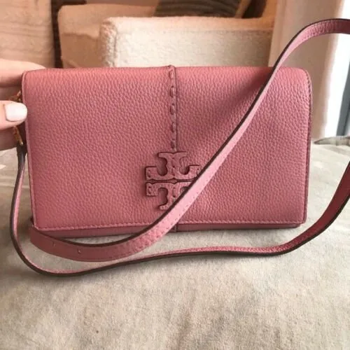 Tory Burch McGraw Wallet Crossbody Pink Magnolia Leather Shoulder Bag Magnet New