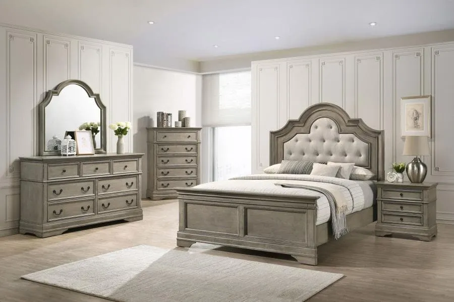 Traditional Bed with Wood and Tufted Upholstered Headboard in Beige and Wheat