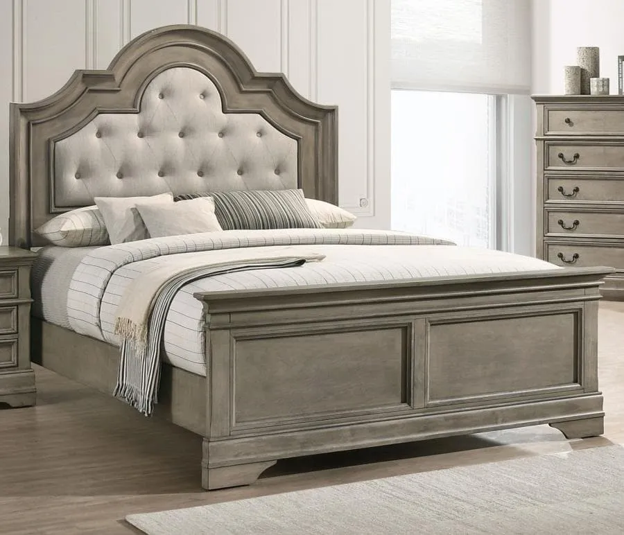 Traditional Bed with Wood and Tufted Upholstered Headboard in Beige and Wheat