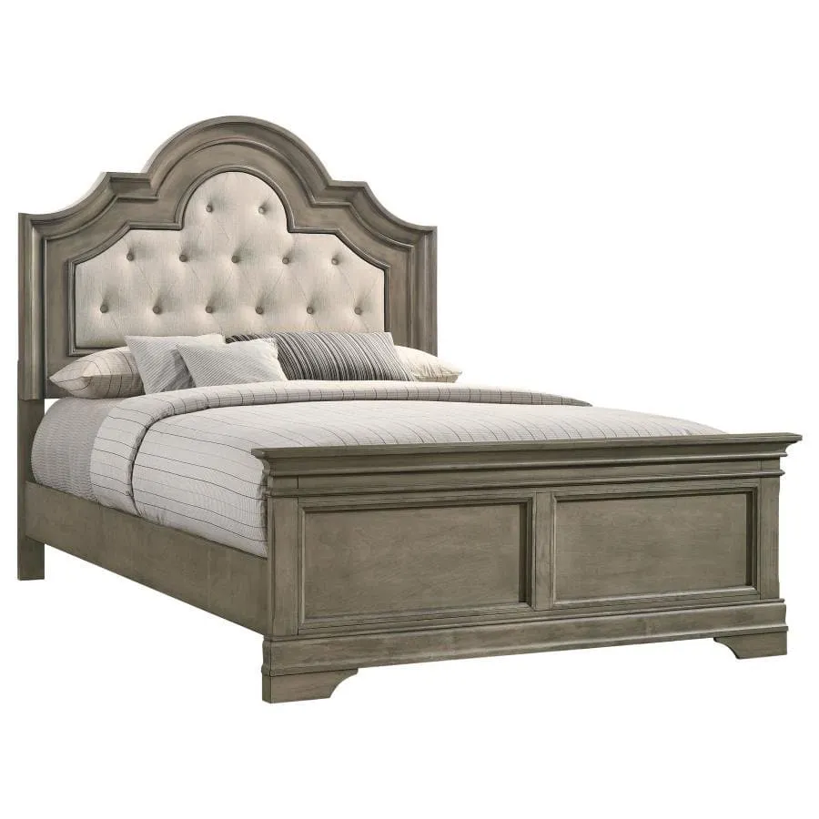 Traditional Bed with Wood and Tufted Upholstered Headboard in Beige and Wheat