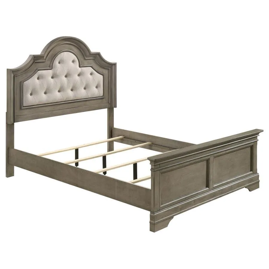 Traditional Bed with Wood and Tufted Upholstered Headboard in Beige and Wheat