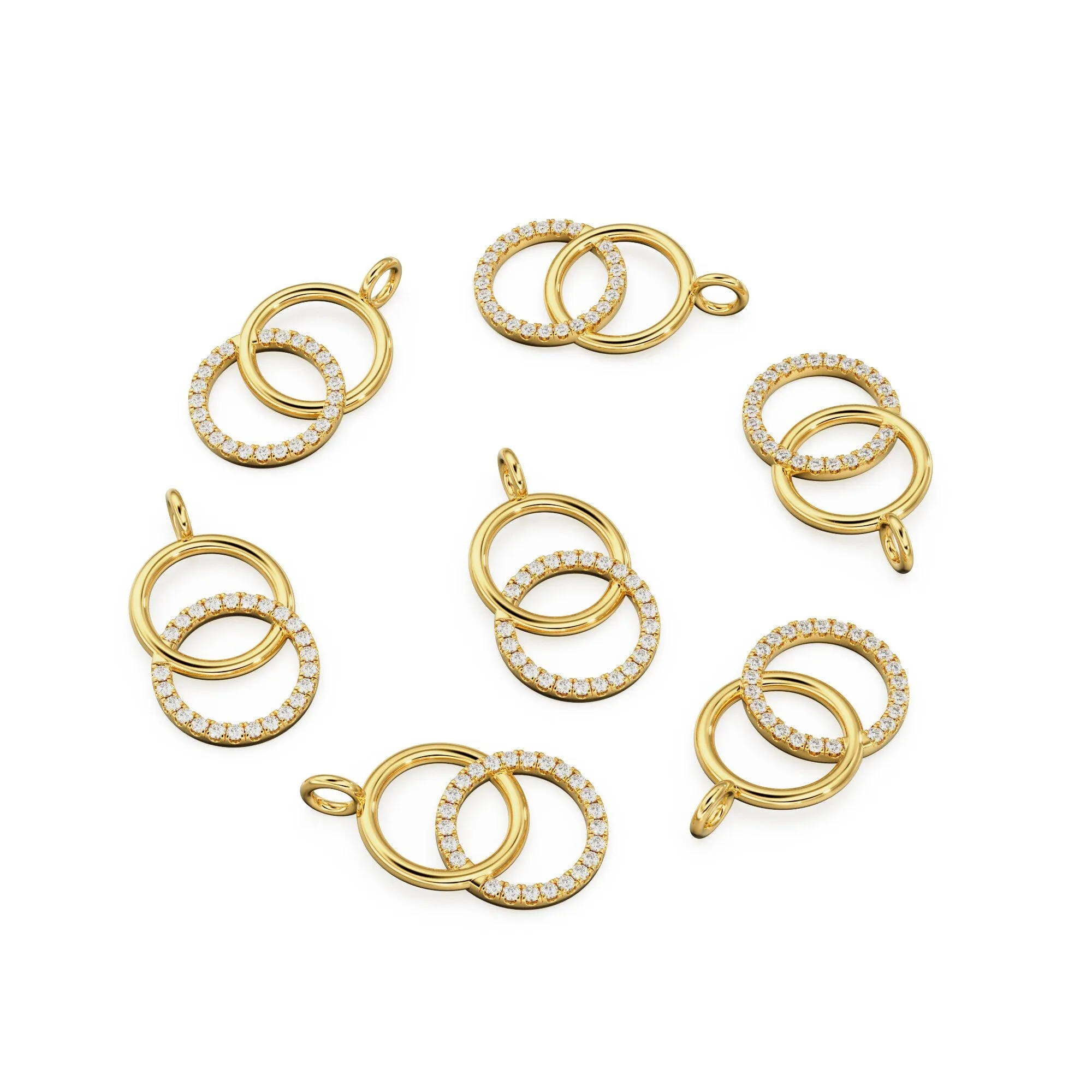 Twin Circle Diamond Solid Gold Pendant / Hoops Diamond Cute Gold Charm / Handmade Unique Charm / Diamond Jewelry / Diamond Gold Necklace