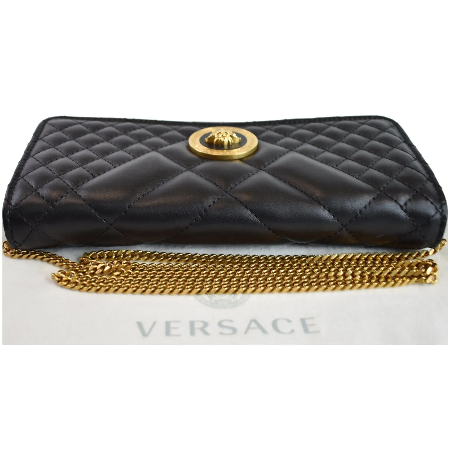 VERSACE Icon Quilted Leather Wallet on a Chain Crossbody Bag Black