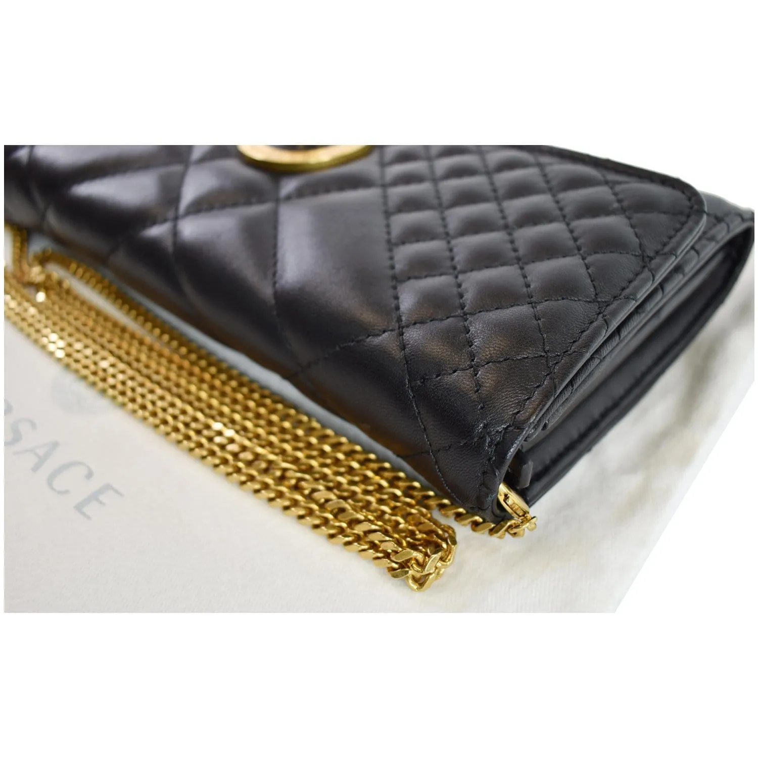 VERSACE Icon Quilted Leather Wallet on a Chain Crossbody Bag Black