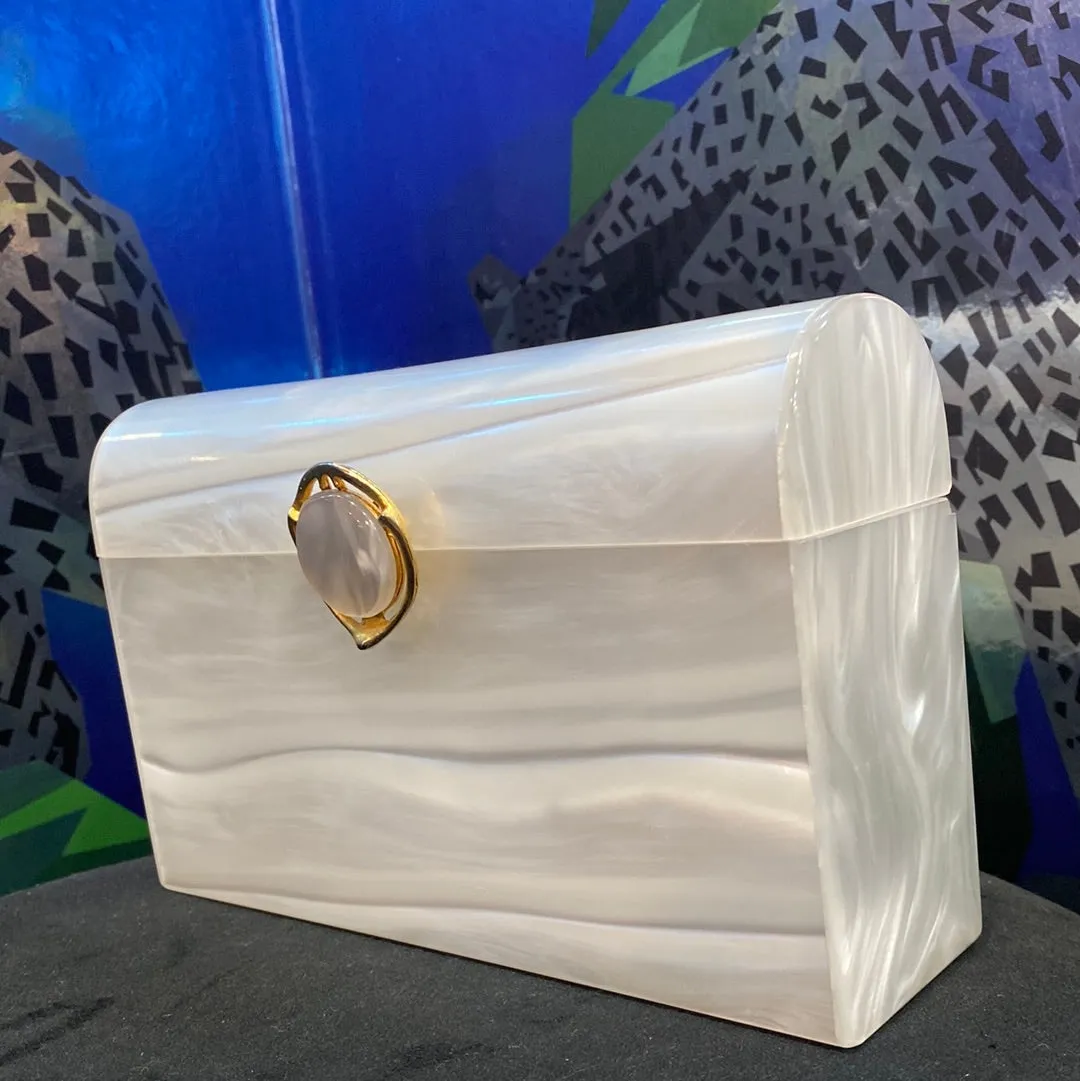 Vintage: White Marble Lucite Clutch with Gold Charm