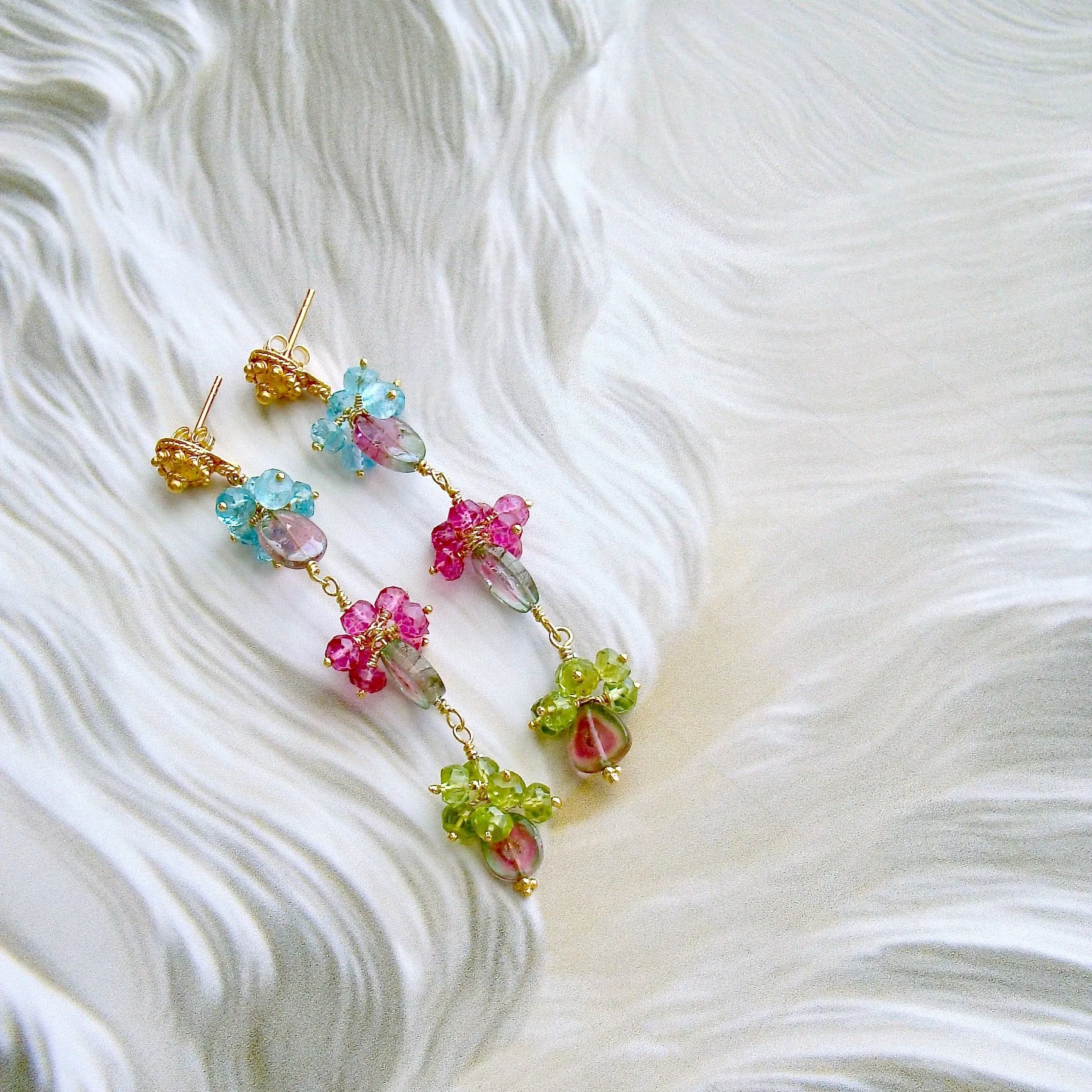 Watermelon Tourmaline Slices Peridot Pink Topaz Apatite Duster Earrings - Andrea II Earrings