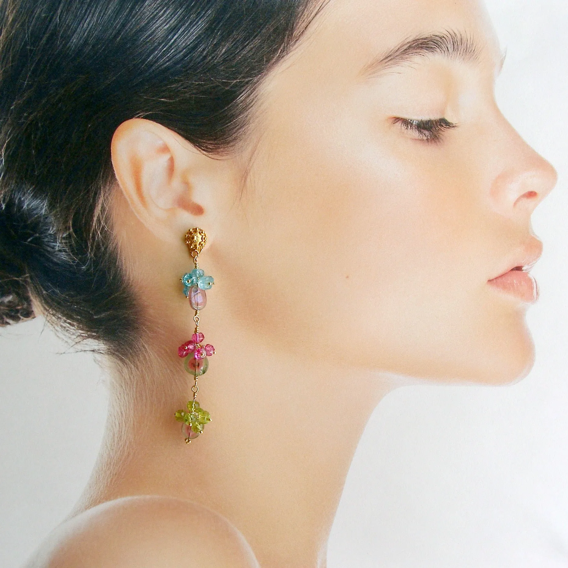 Watermelon Tourmaline Slices Peridot Pink Topaz Apatite Duster Earrings - Andrea II Earrings