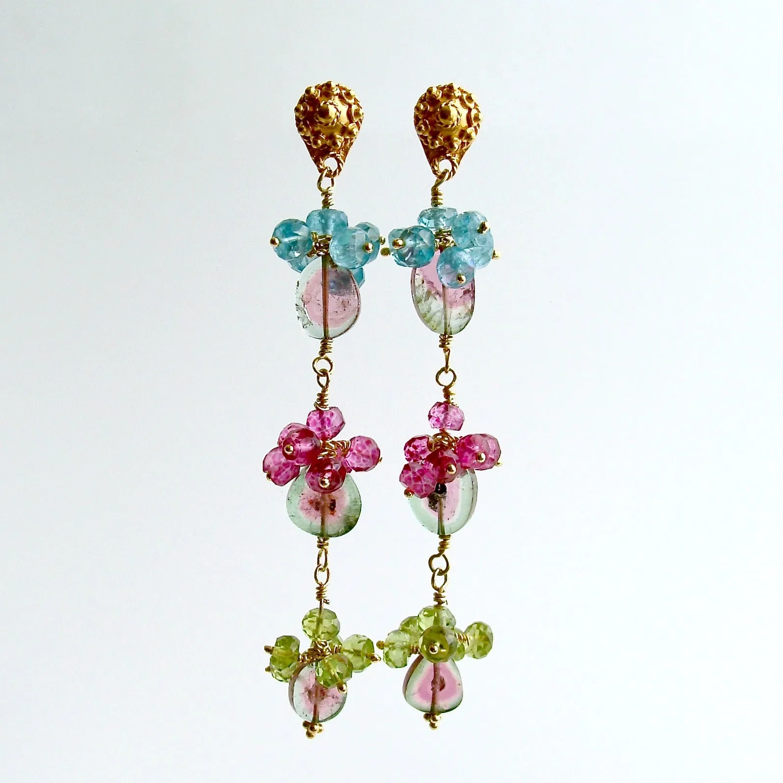 Watermelon Tourmaline Slices Peridot Pink Topaz Apatite Duster Earrings - Andrea II Earrings