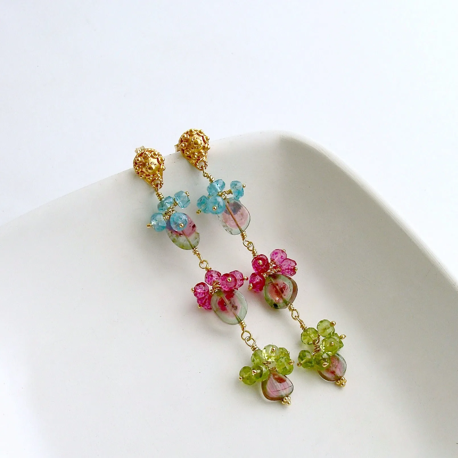 Watermelon Tourmaline Slices Peridot Pink Topaz Apatite Duster Earrings - Andrea II Earrings