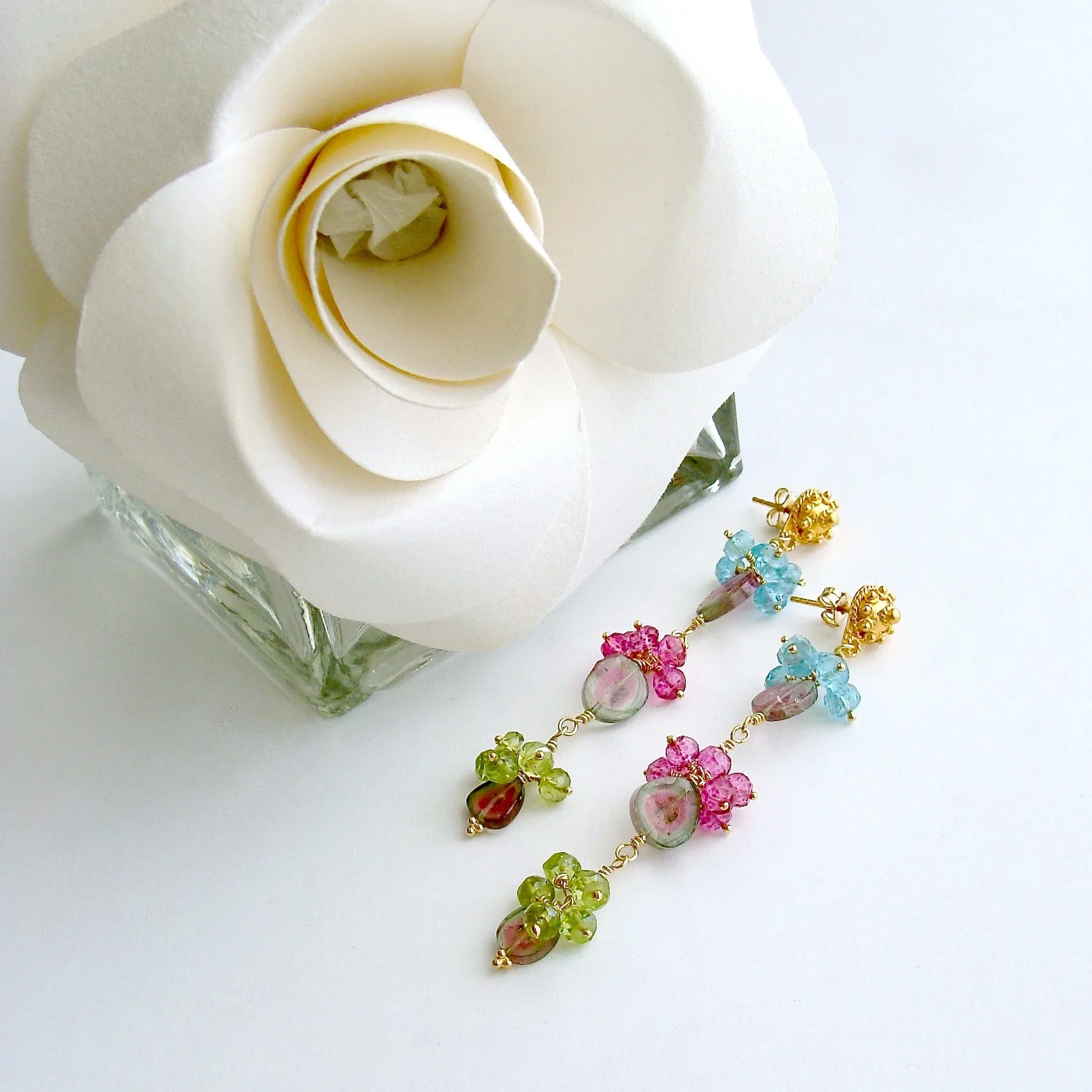 Watermelon Tourmaline Slices Peridot Pink Topaz Apatite Duster Earrings - Andrea II Earrings