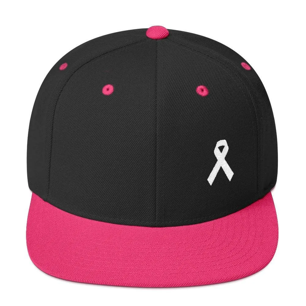 White Awareness Ribbon Flat Brim Snapback Hat