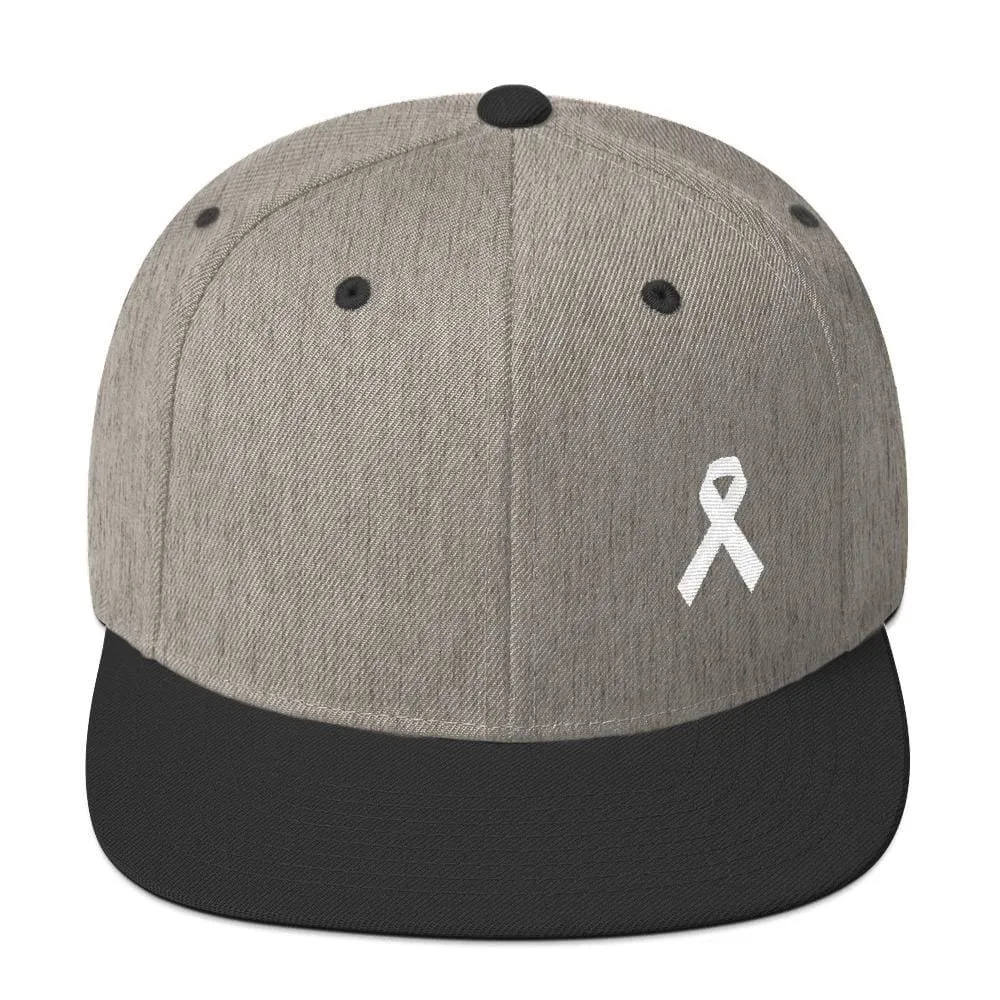White Awareness Ribbon Flat Brim Snapback Hat