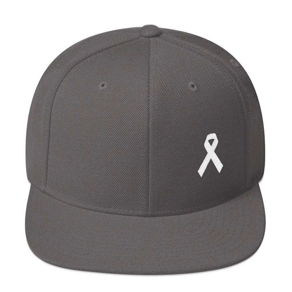 White Awareness Ribbon Flat Brim Snapback Hat