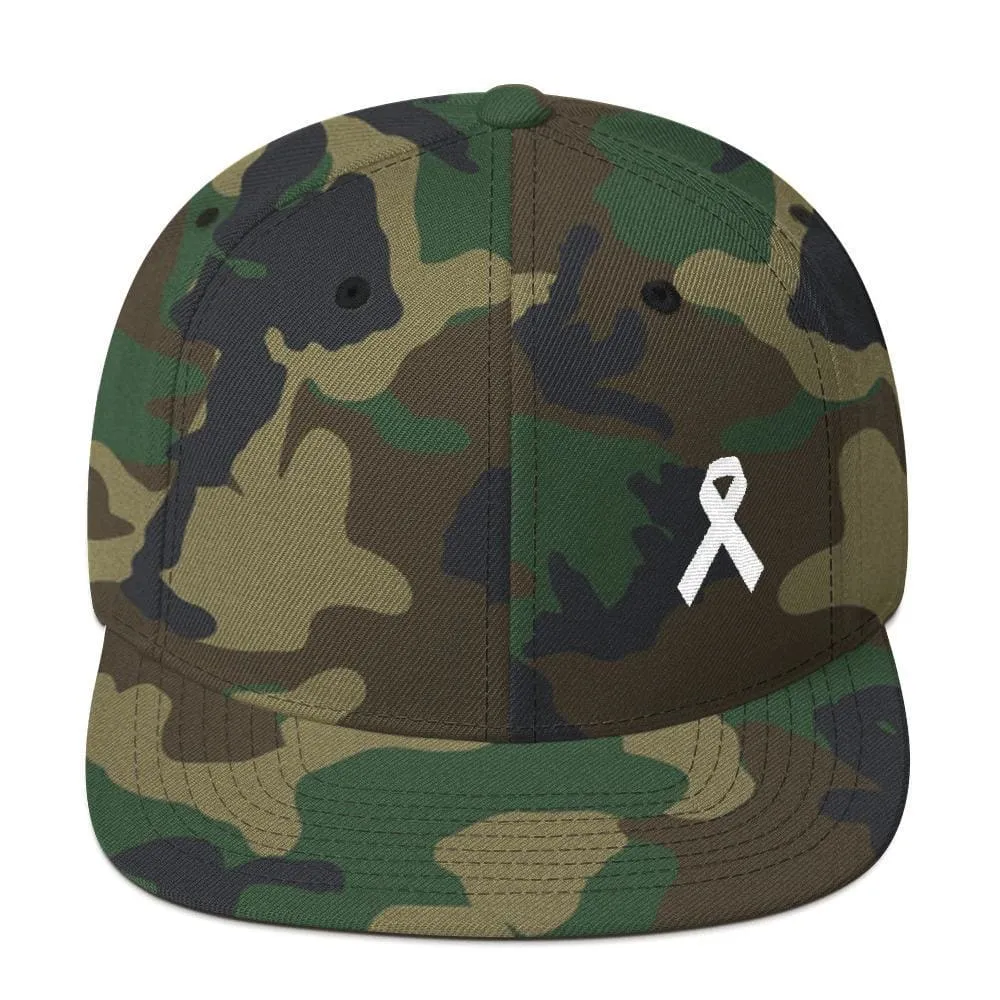 White Awareness Ribbon Flat Brim Snapback Hat