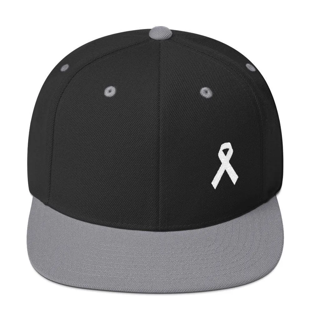 White Awareness Ribbon Flat Brim Snapback Hat