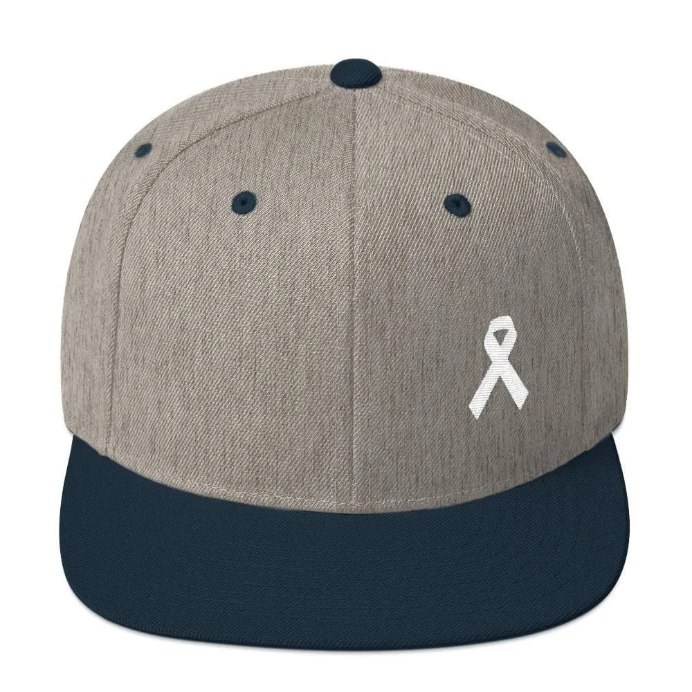 White Awareness Ribbon Flat Brim Snapback Hat