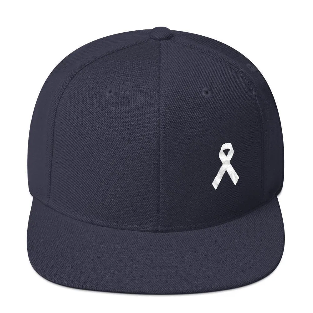 White Awareness Ribbon Flat Brim Snapback Hat