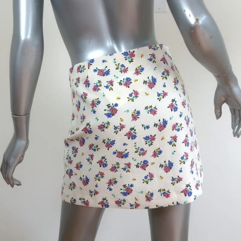 Zara Mini Skirt Ivory Floral Print Linen-Blend Size Small NEW