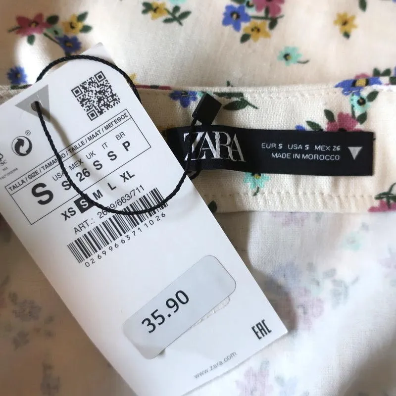 Zara Mini Skirt Ivory Floral Print Linen-Blend Size Small NEW