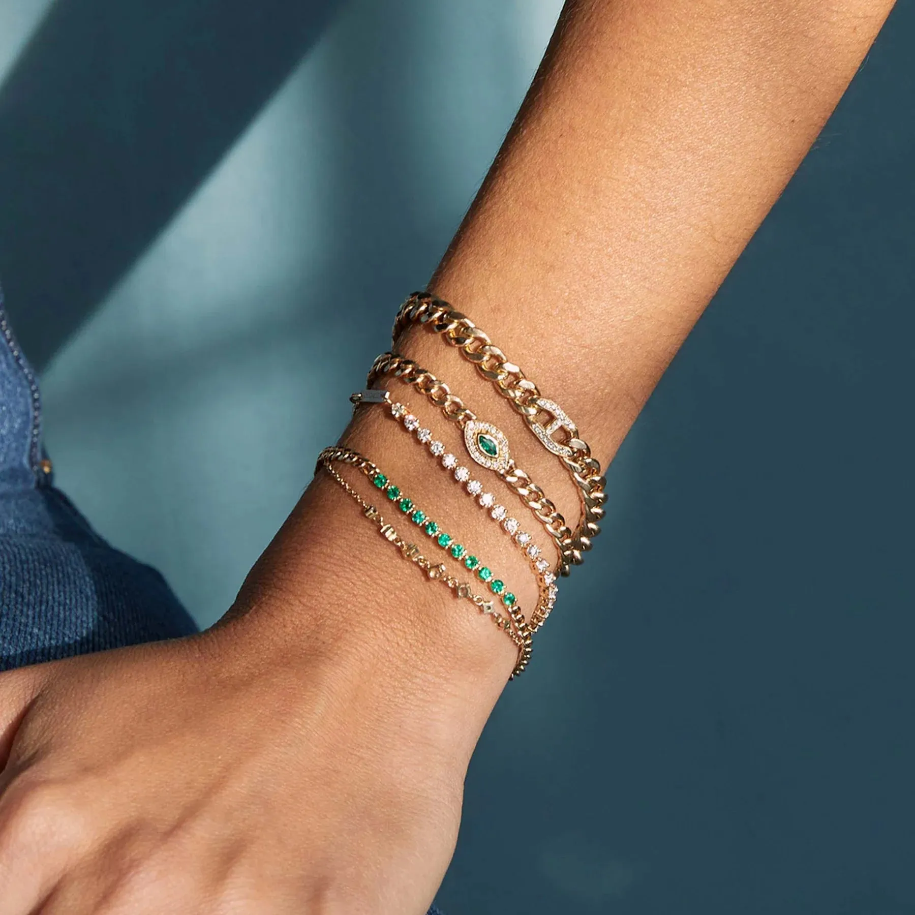 Zoe Chicco Gold Emerald Tennis Segment Small Curb Chain Bracelet
